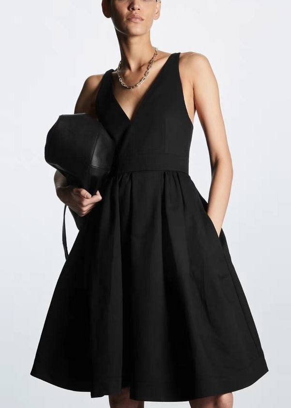 Women's Black Linen Summer Dress Breathable Wide Hem - OutfitLondon