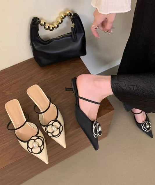 Women's Pointed Toe Sandals Black Faux Leather 3cm Heel - OutfitLondon