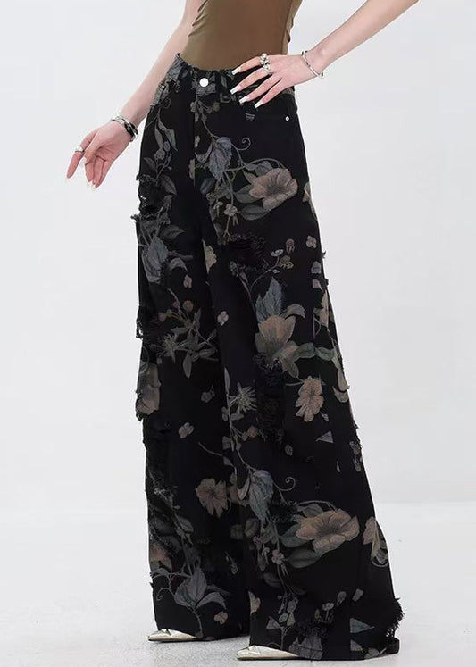 Women's High Waisted Wide Leg Jeans Black Polka Dot Denim Pants - OutfitLondon