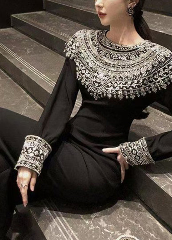 Women's Cotton Evening Dress Black Patchwork Round Neck - OutfitLondon