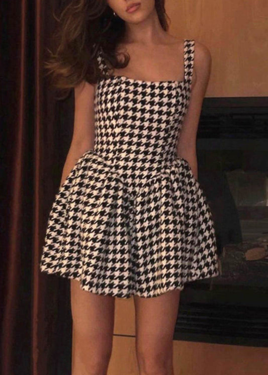 Women's Cotton Houndstooth Mini Dress Sleeveless Zipper - OutfitLondon