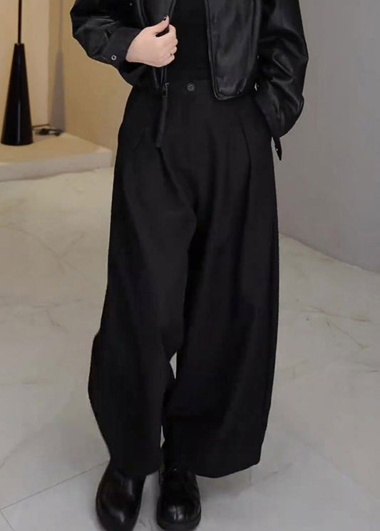 Women's High Waist Wide Leg Cotton Pants Black - OutfitLondon