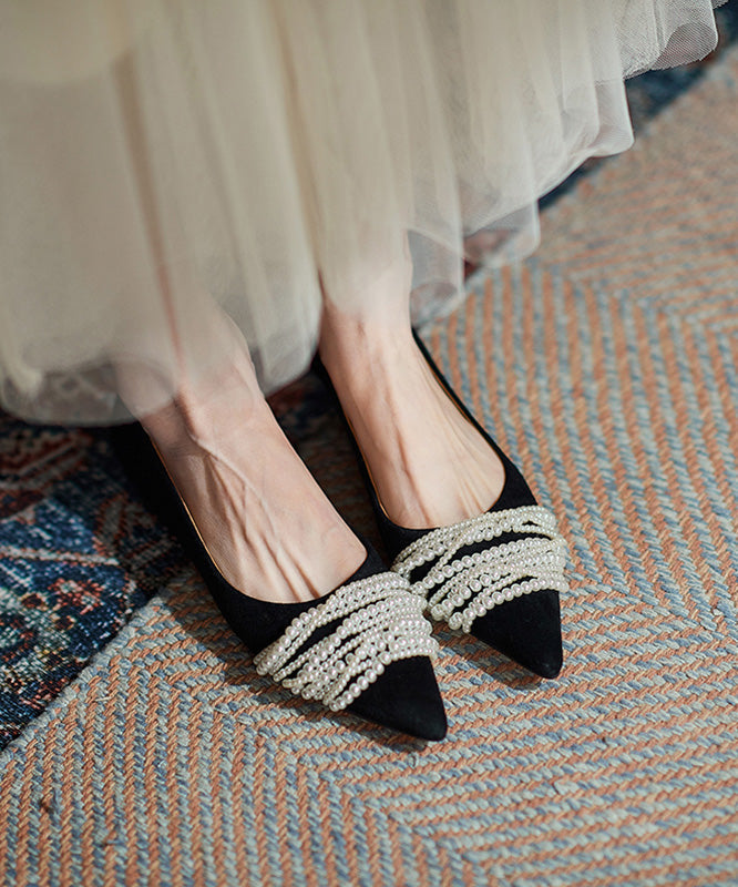 Women's Suede Pointed Toe Flats Black With Studs - OutfitLondon