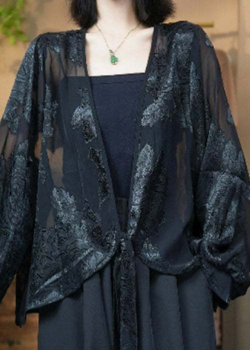Women's Silk V Neck Cardigan Embroidered Lace Black - OutfitLondon