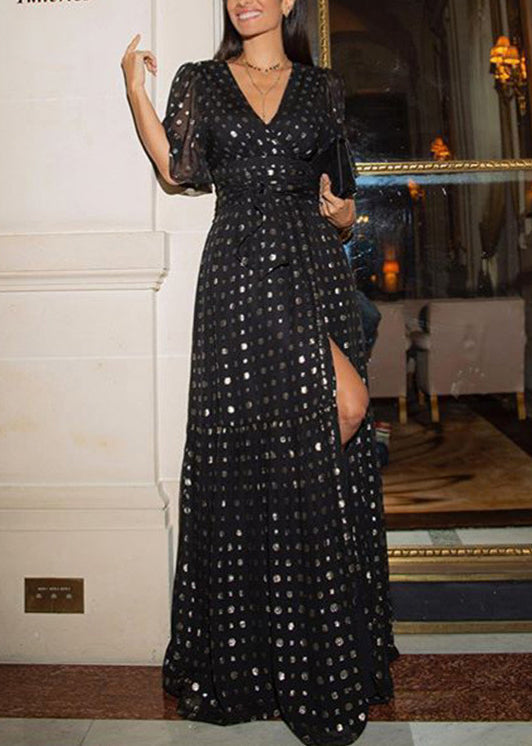Women's Silk Chiffon Evening Gown V Neck Dramatic Hem - OutfitLondon