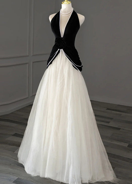 Women's Black Velvet Gown Pearl Embellished Tulle Skirt Formal - OutfitLondon