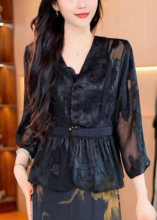 Women's Silk Chiffon Coat V Neck Bracelet Sleeves Black Lightweight - OutfitLondon