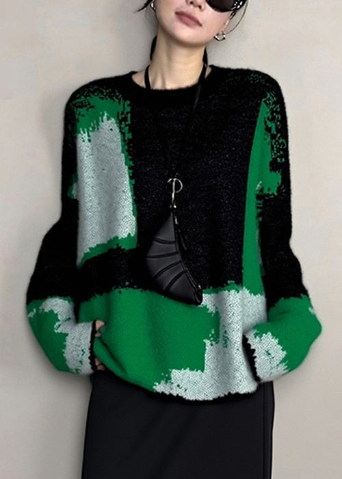 Women's Patchwork Knit Sweater Soft Round Neck Warm Winter - OutfitLondon