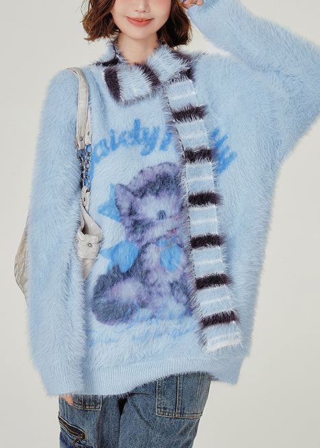 Women's Cat Print Faux Fur Sweater Blue - OutfitLondon