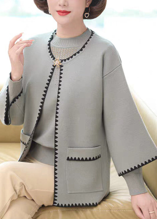Women's Cotton Cardigan Sweater Set French Blue Three Quarter Sleeves - OutfitLondon