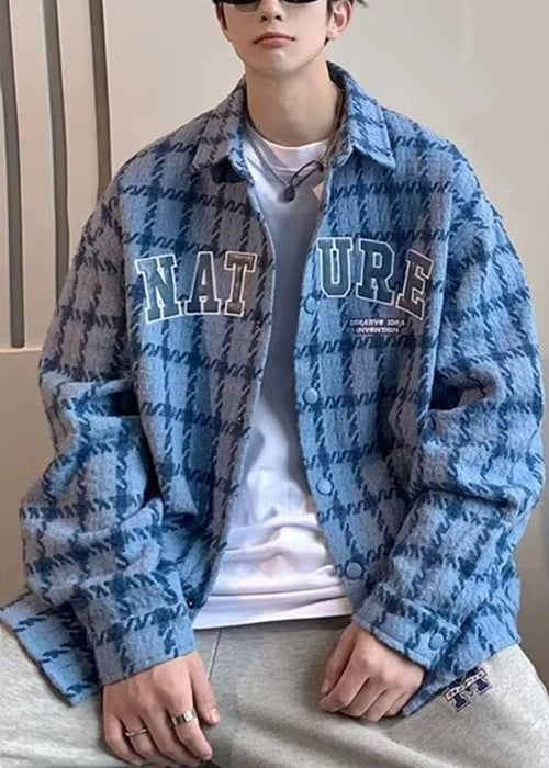 Mens Cotton Plaid Coat French Blue Lightweight Spring - OutfitLondon
