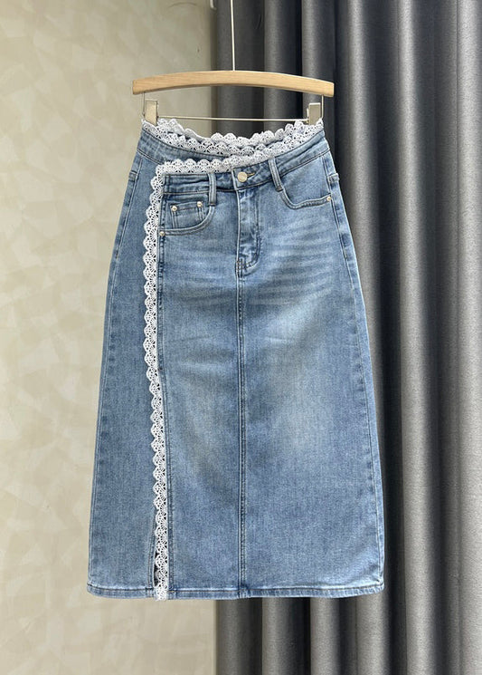 Women's Denim Skirt Blue Lace Trim - OutfitLondon