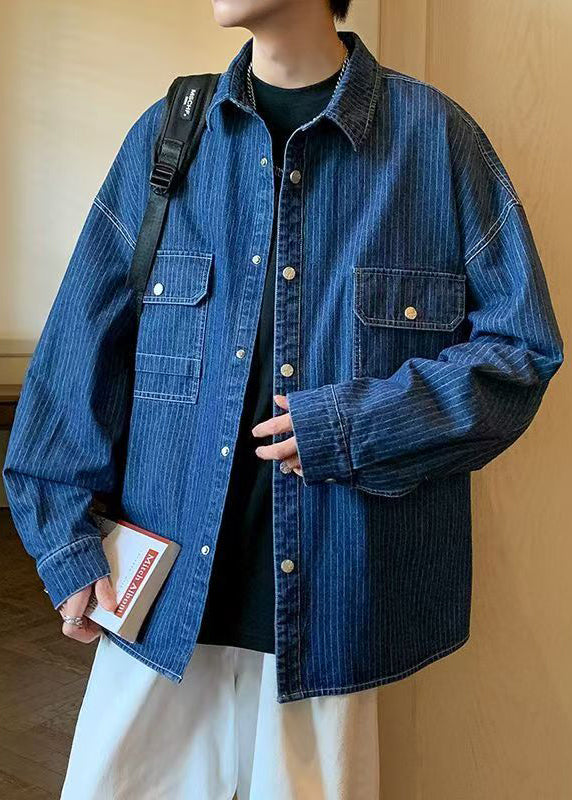 Men's Blue Striped Denim Jacket Lightweight - OutfitLondon