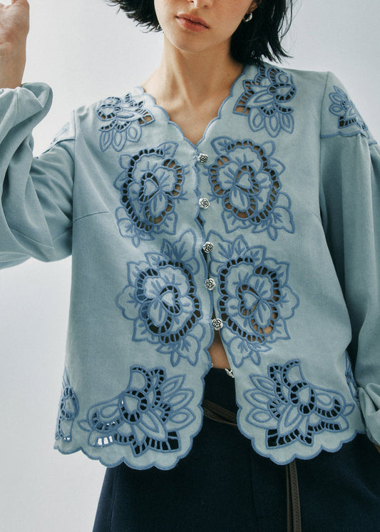 Women's V Neck Blouse Cotton Eyelet Floral Print Blue - OutfitLondon