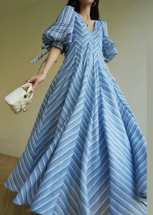 Women's Cotton Maxi Dress Blue Striped V Neck - OutfitLondon