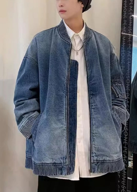 Men's Distressed Denim Jacket French Blue Zipper Pockets - OutfitLondon