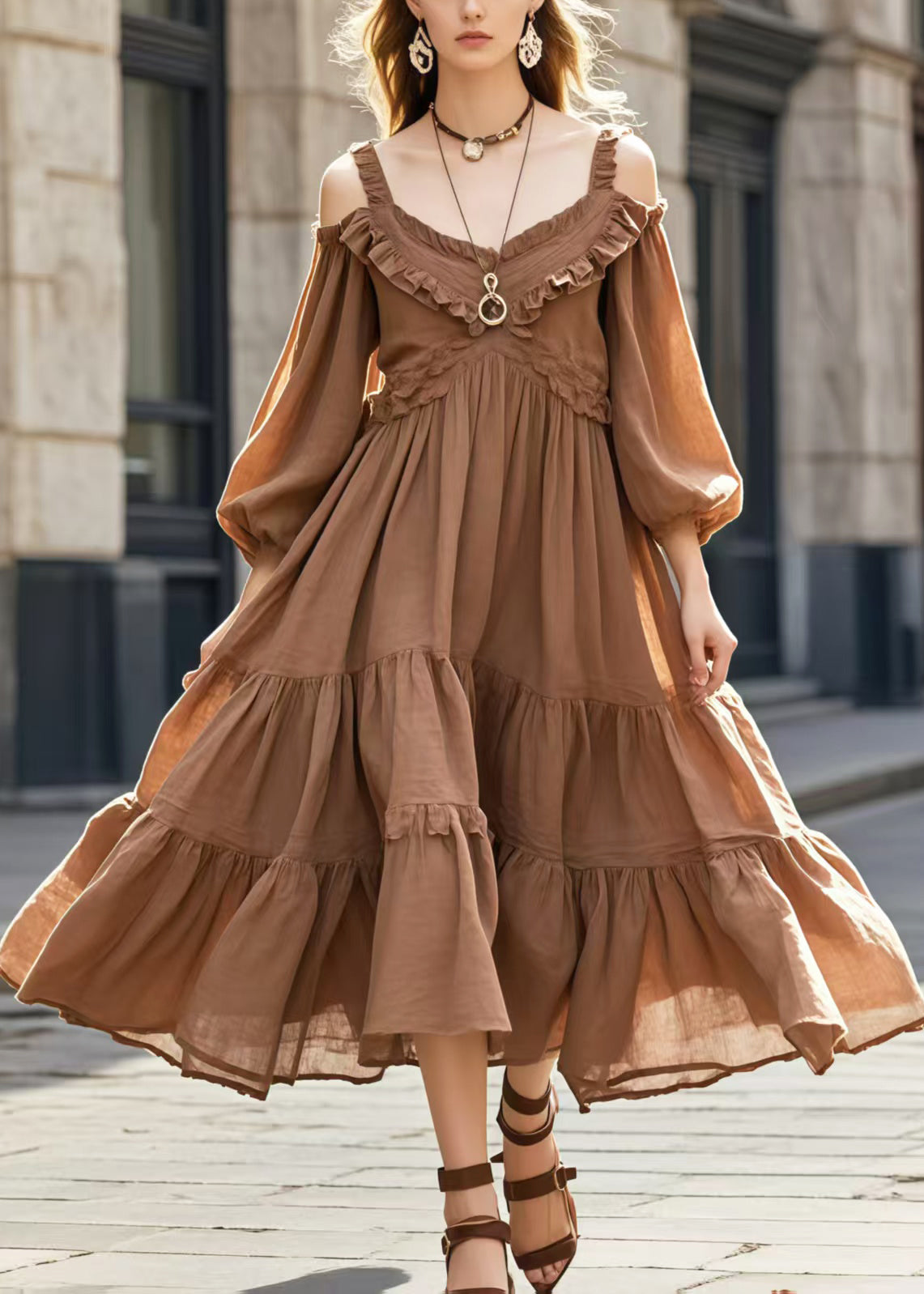 Women's Off Shoulder Cotton Blend Dress Brown - OutfitLondon