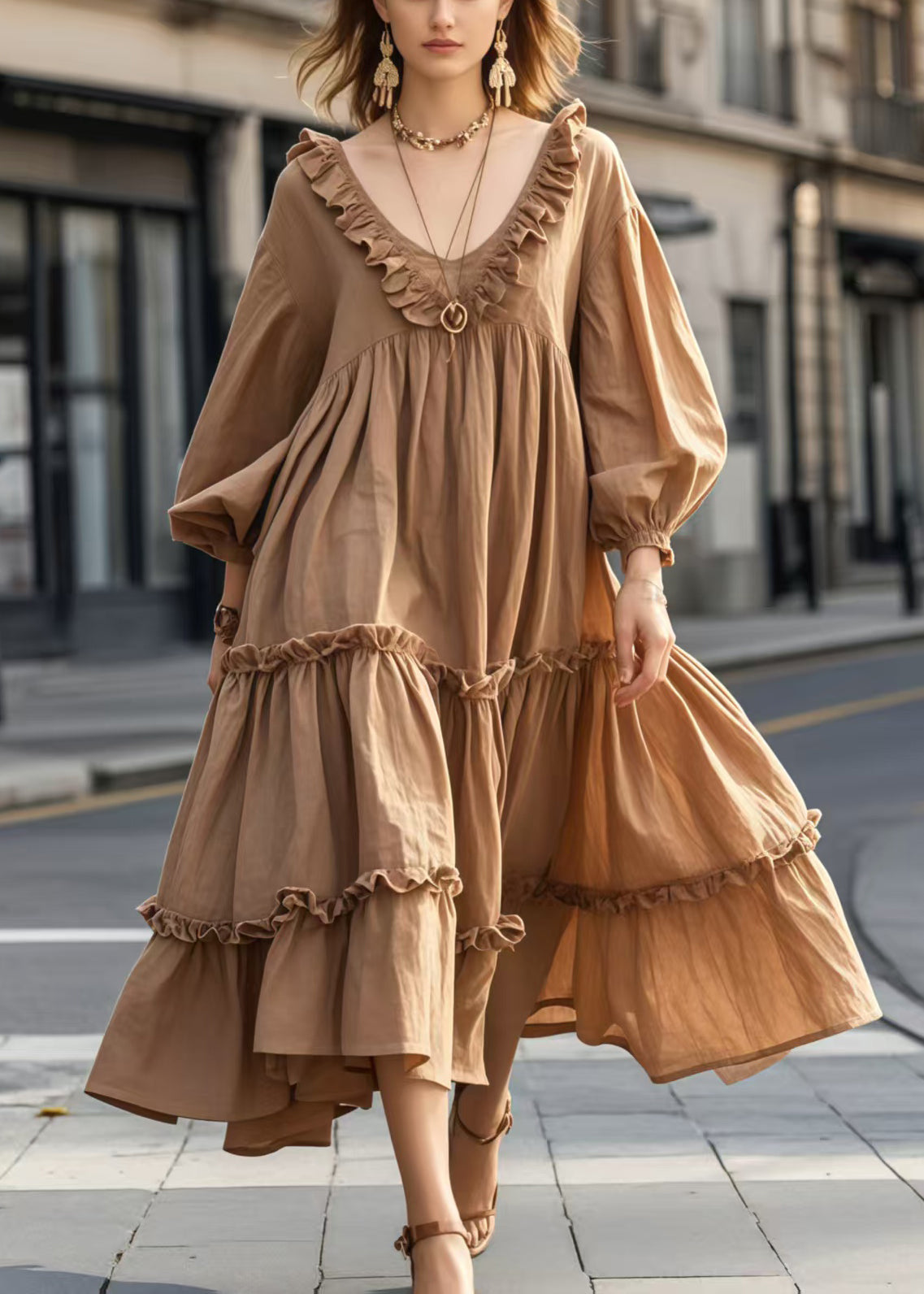 Women's Brown Ruffled Evening Dress - OutfitLondon