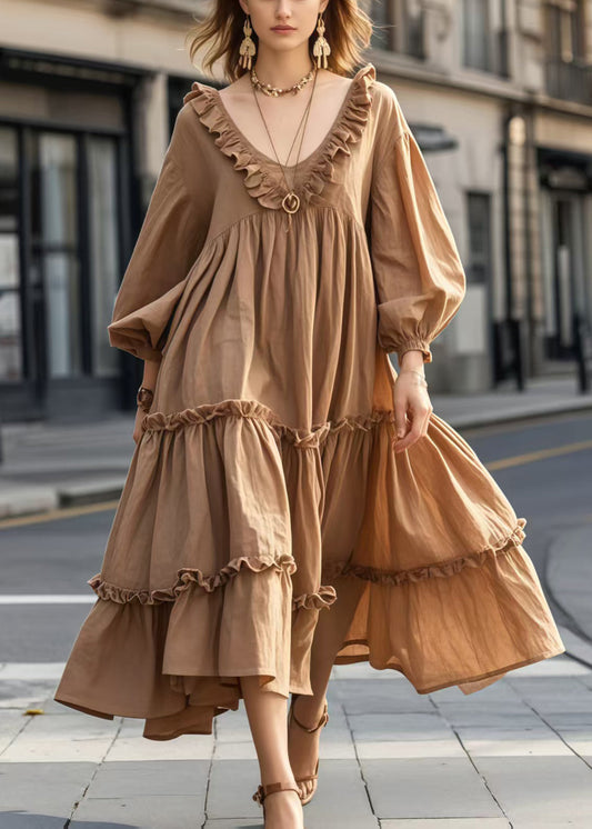 Women's Brown Ruffled Evening Dress - OutfitLondon