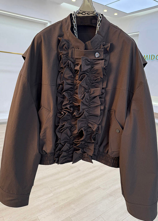 Women's Brown Cotton Jacket Ruffled Pockets - OutfitLondon