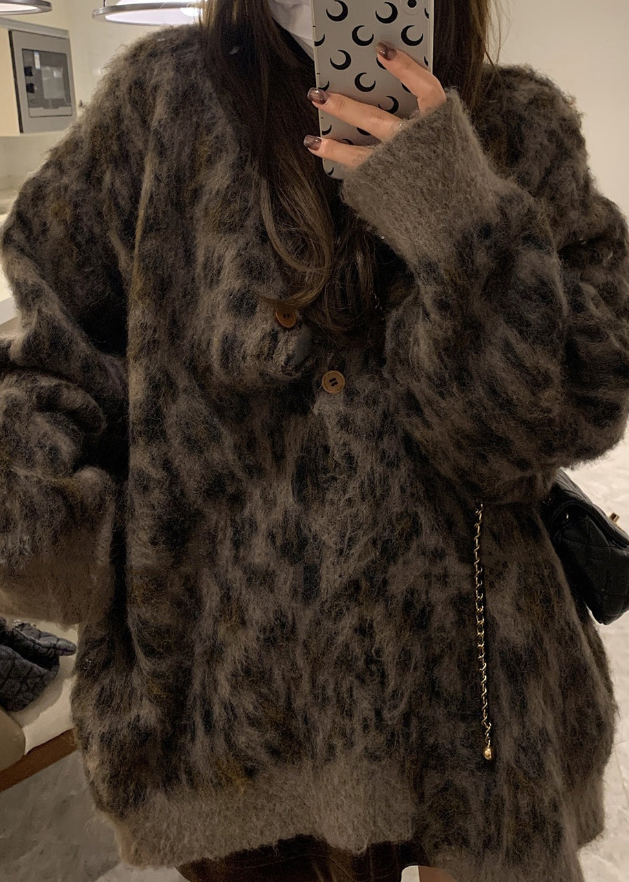 Women's Leopard Print Cardigan Crew Neck Plus Size - OutfitLondon