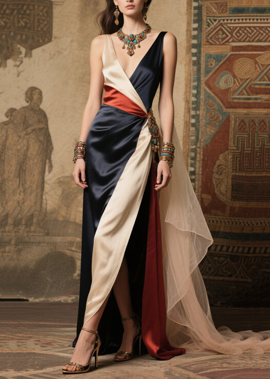 Women's Silk Color Block Dress Asymmetrical Silhouette - OutfitLondon