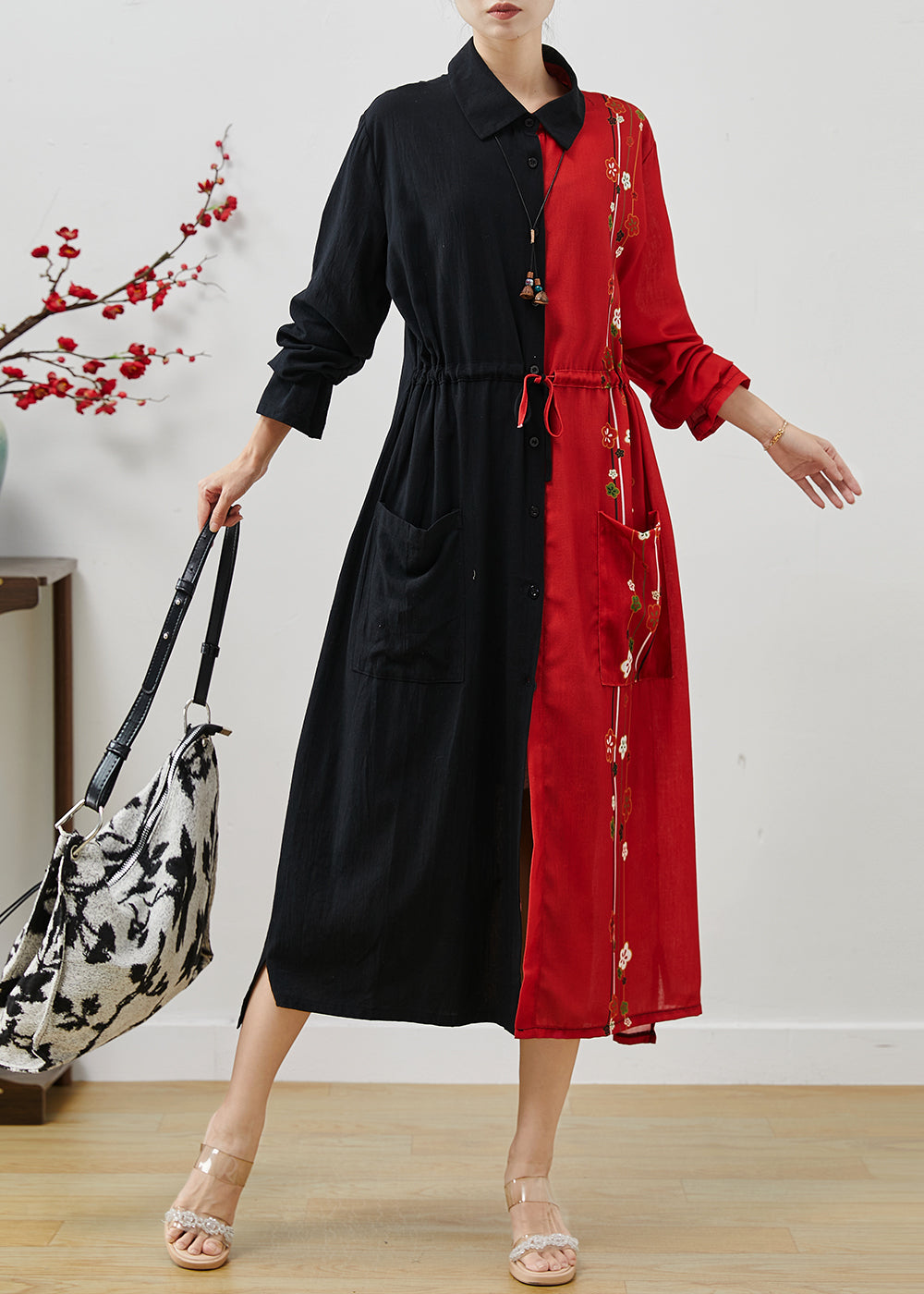 Women's Cotton Color Block Dress Cinched Waist Autumn - OutfitLondon