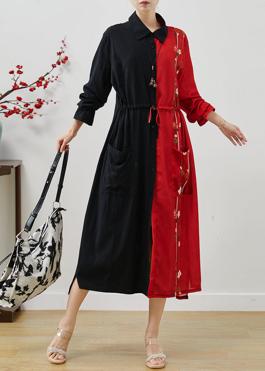 Women's Cotton Color Block Dress Cinched Waist Autumn - OutfitLondon