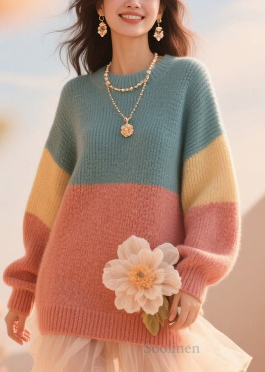 Women's Floral Knit Sweater Round Neck Color Block Plus Size - OutfitLondon