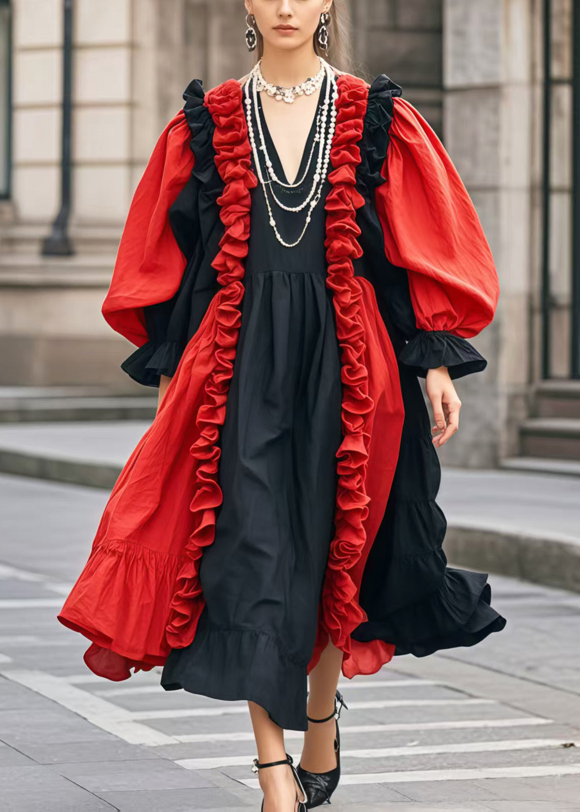 Women's Patchwork Cotton Dress Ruffled Lantern Sleeves Colorblock - OutfitLondon
