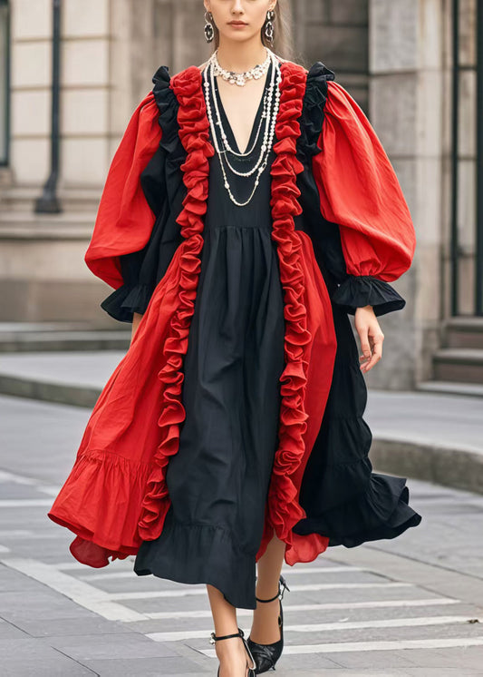 Women's Patchwork Cotton Dress Ruffled Lantern Sleeves Colorblock - OutfitLondon