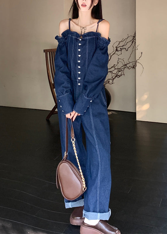 Women's Off Shoulder Denim Jumpsuit Blue Sleeveless - OutfitLondon