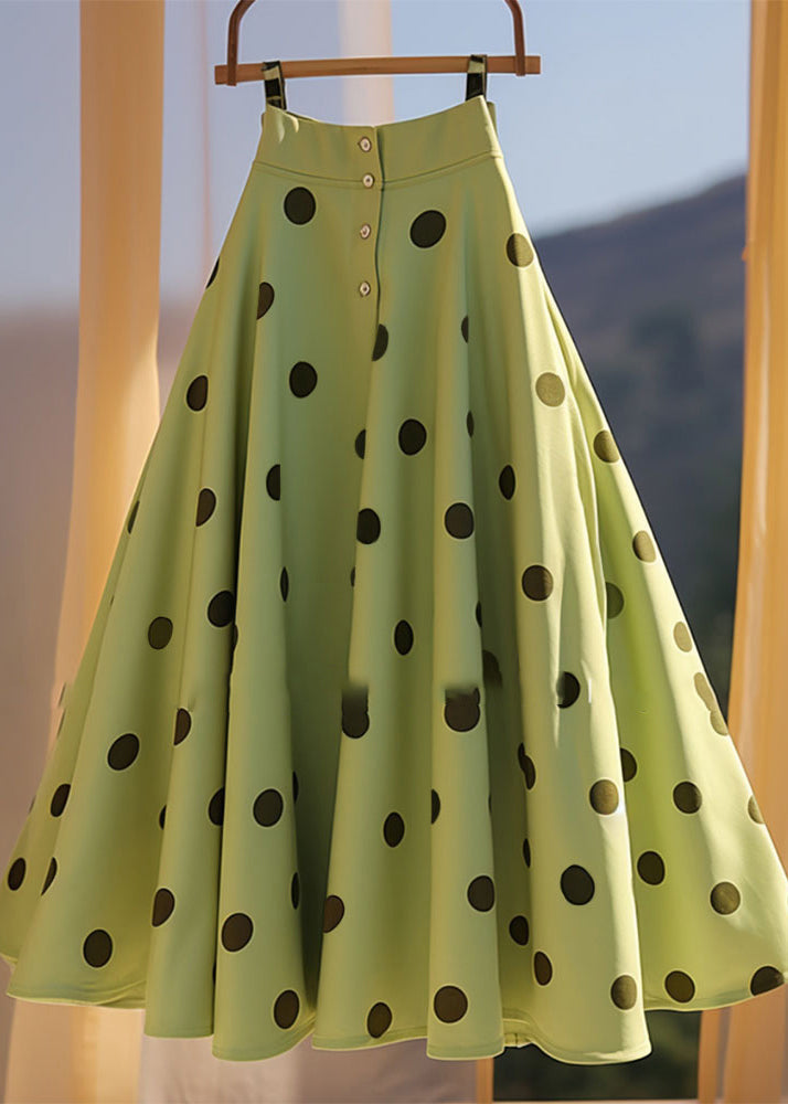 Women's Silk Chiffon Trapeze Skirt Green Polka Dots Lightweight - OutfitLondon