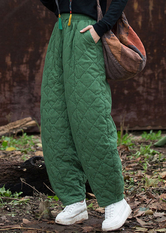 Men's Green Plaid Winter Pants Cotton Lined Elastic Waist - OutfitLondon