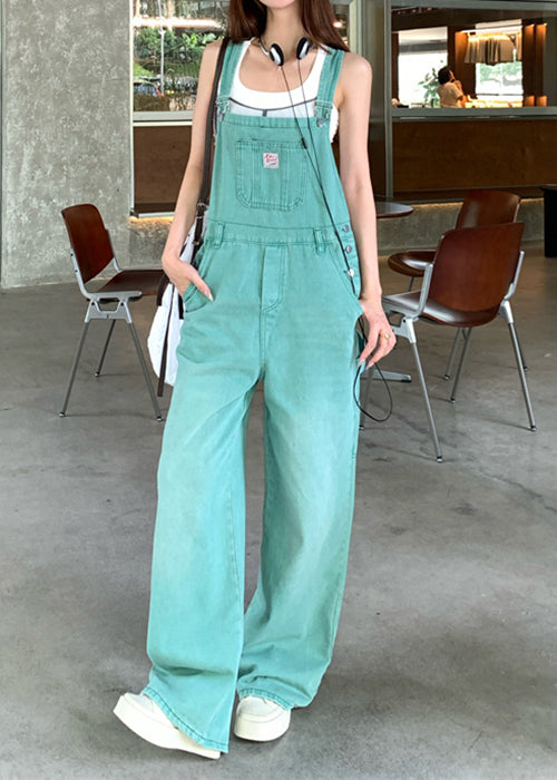 Women's Denim Jumpsuit Sleeveless High Waist Green - OutfitLondon