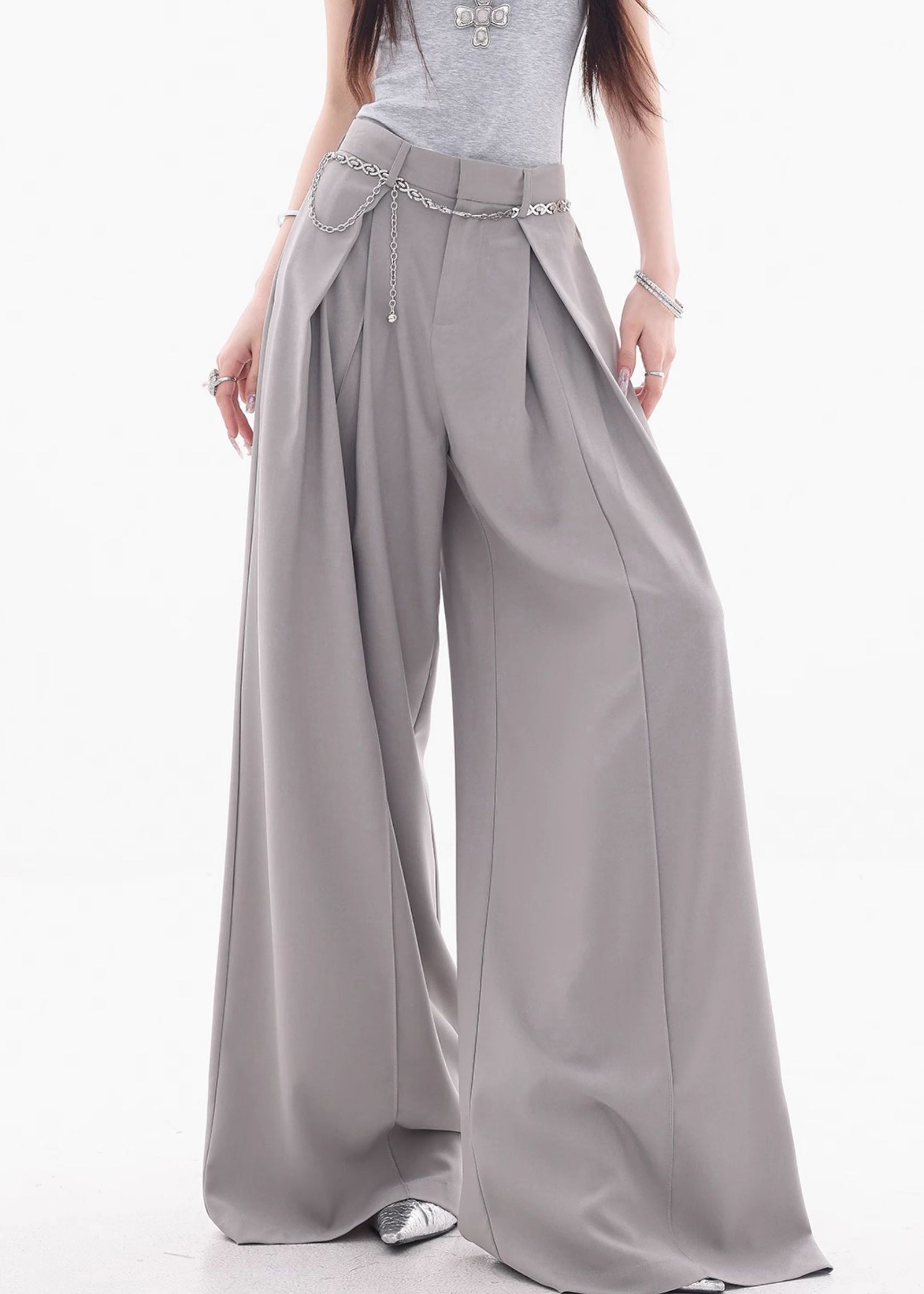 Women's High Waist Wide Leg Elastane Pants Gray - OutfitLondon