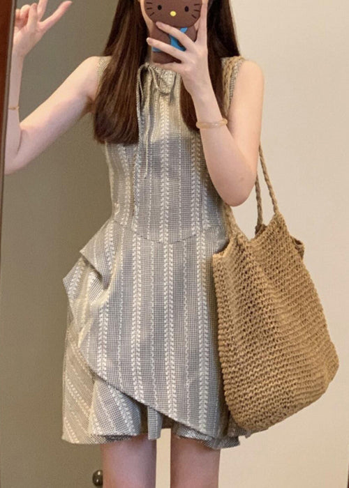 Women's Cotton Sleeveless Dress Gray Striped Lace Up Neck - OutfitLondon