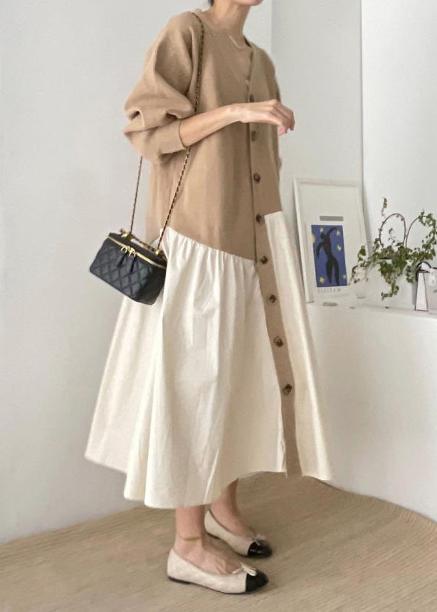 Women's Cotton Maxi Dress Patchwork Breathable Khaki - OutfitLondon