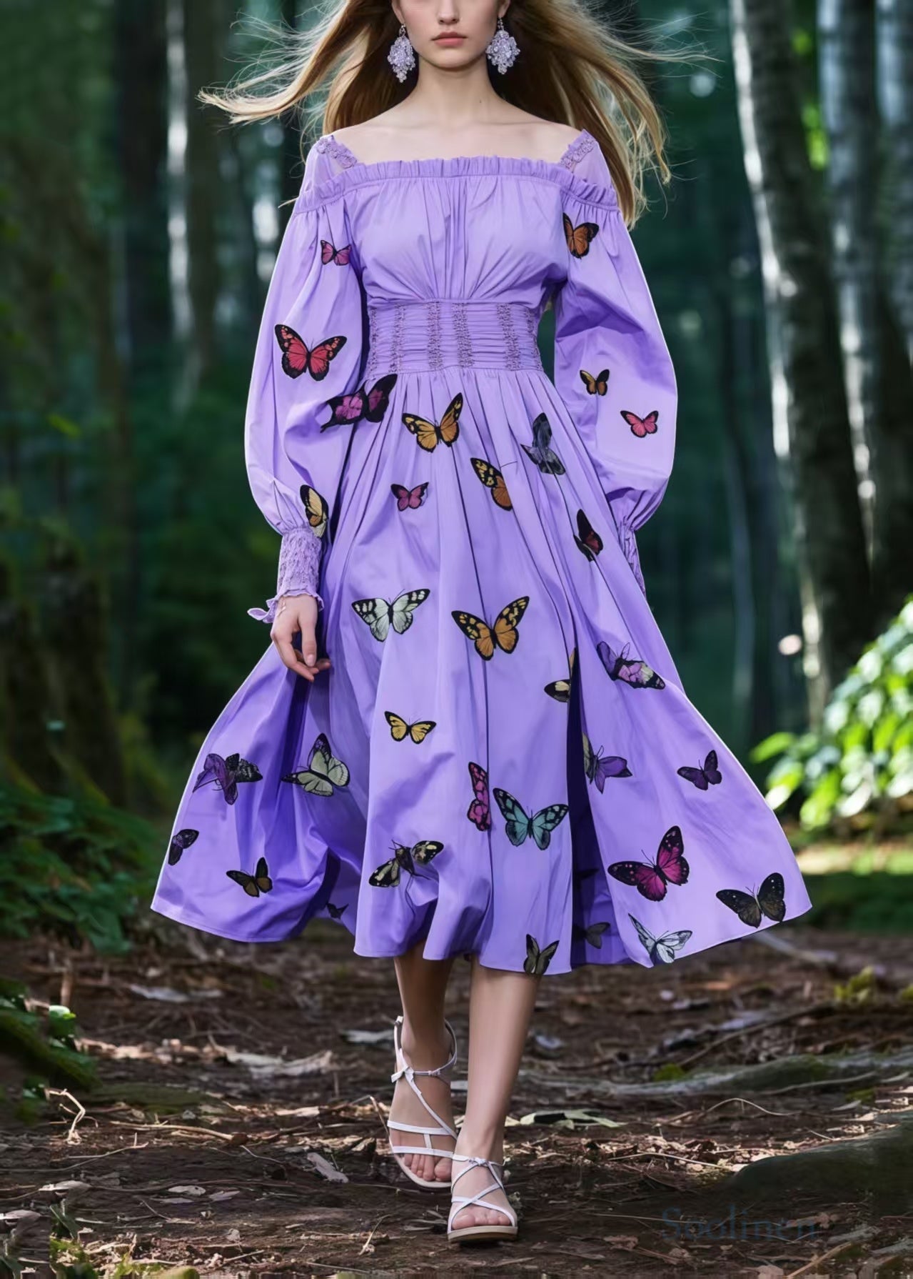 Women's Cotton Evening Dress Square Neck Lavender - OutfitLondon