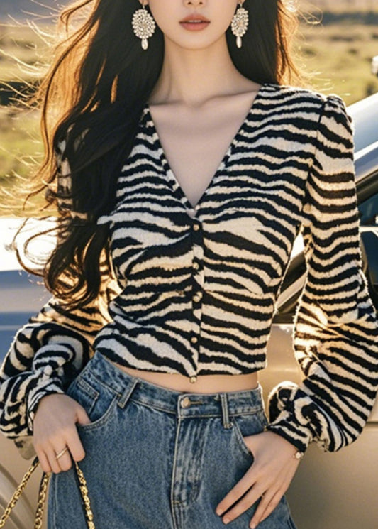 Women's Leopard Print Blouse Cotton Blend V-Neck Lantern Sleeves - OutfitLondon
