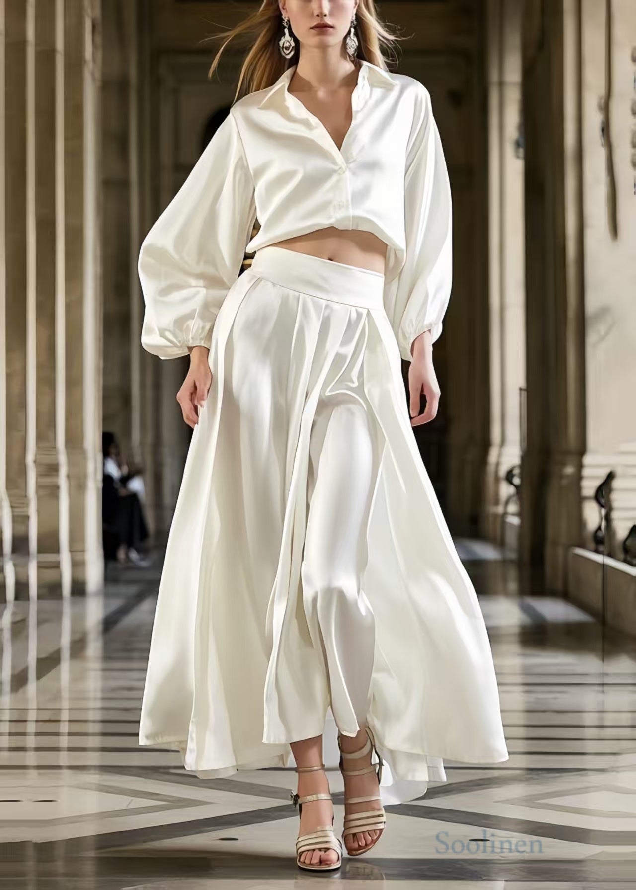 Women's Silk Two Piece Cream Ivory Set - OutfitLondon