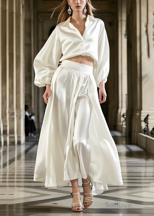 Women's Silk Two Piece Cream Ivory Set - OutfitLondon