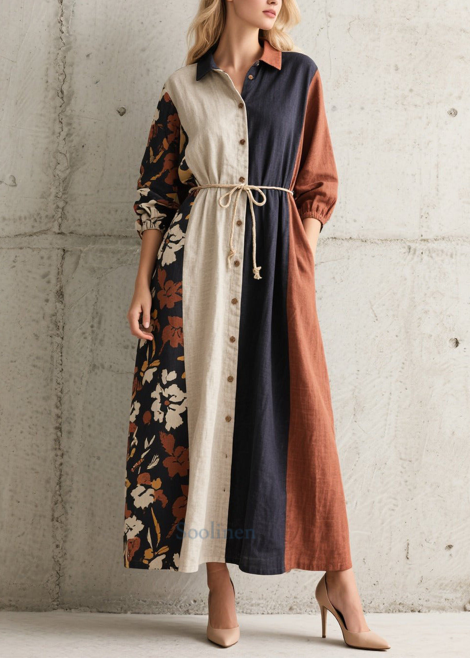 Women's Cotton Patchwork Shirt Dress Tie Waist - OutfitLondon