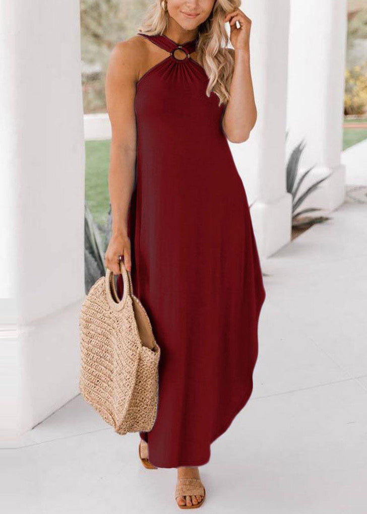 Women's Cotton Blend Summer Dress Halter Neck Mulberry - OutfitLondon