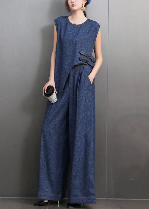 Women's Denim Set Navy Blue Asymmetrical Sleeveless - OutfitLondon