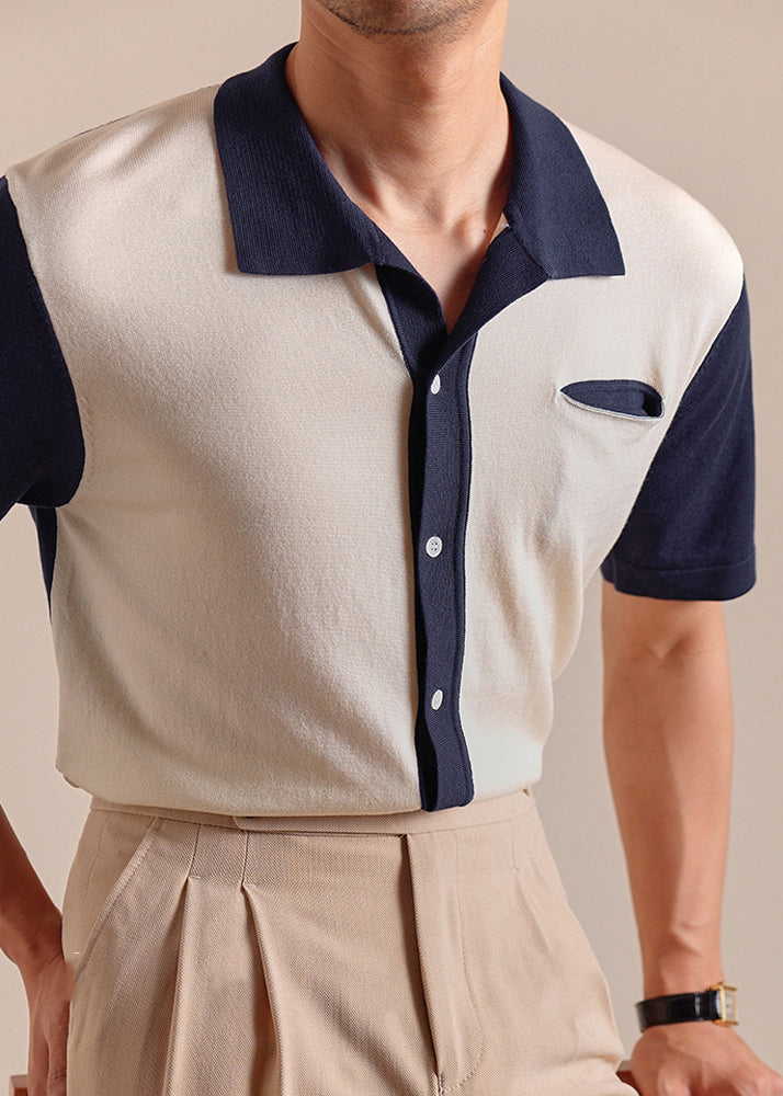 Men's Patchwork Polo Shirt Navy Short Sleeve Breathable - OutfitLondon