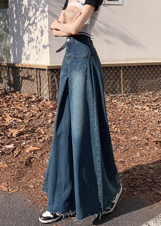 Women's Navy Denim Wide Leg Pants With Tassels - OutfitLondon