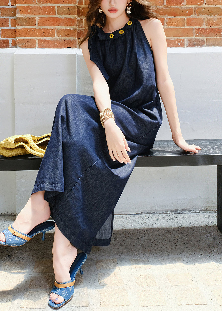 Women's Navy Maxi Dress Sleeveless Denim With Pockets - OutfitLondon