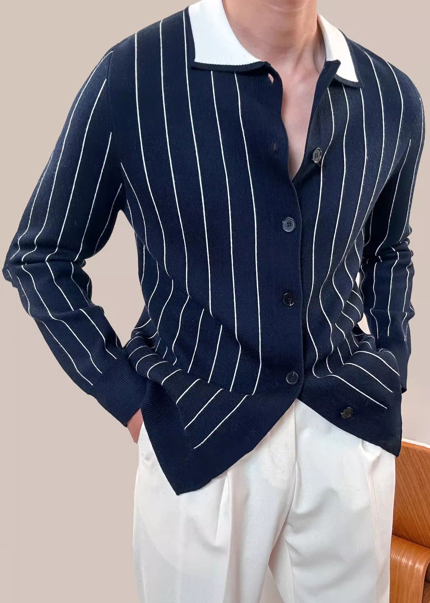 Men's Navy Cardigan Sweater White Stripes Button Up - OutfitLondon