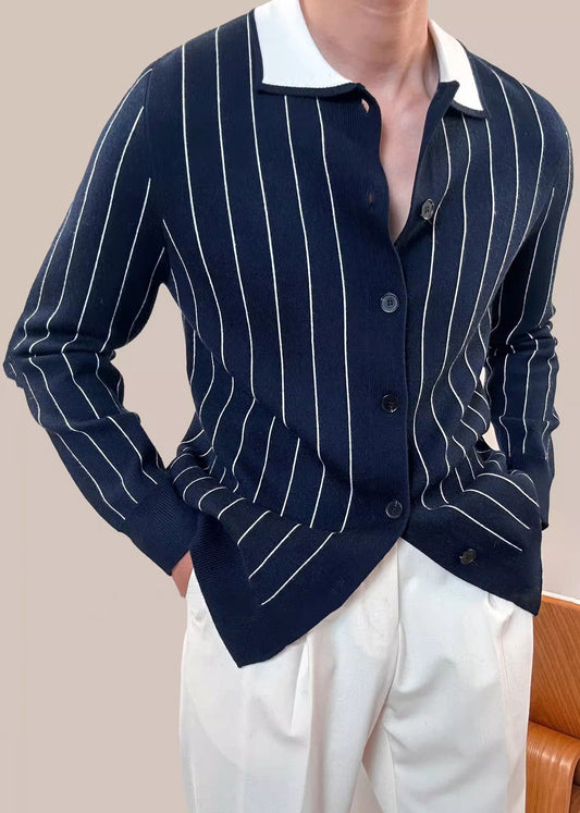Men's Navy Cardigan Sweater White Stripes Button Up - OutfitLondon